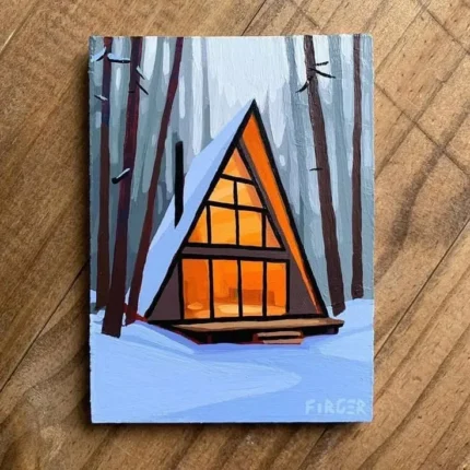 Snowy Cabin Acrylic Painting – Aesthetic Winter Wall Art (18x24 Inches)