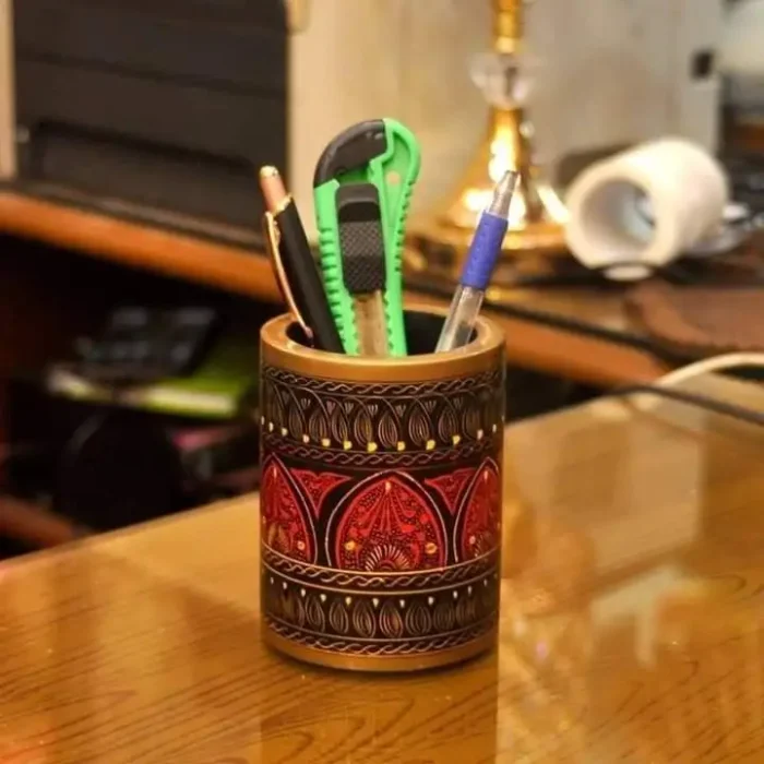 Handmade Wooden Pen Holder – Naqshi Art Lacquer Brush Jar | Decorative Desk Organizer