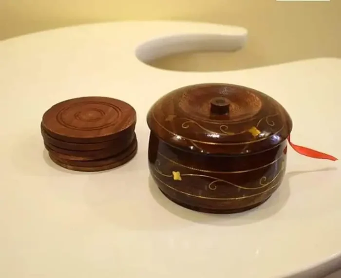 Handmade Wooden Tea Coaster Set – Sheesham Wood with Brass Art | Lacquer Polish with Free Spoon & Sugar Pot