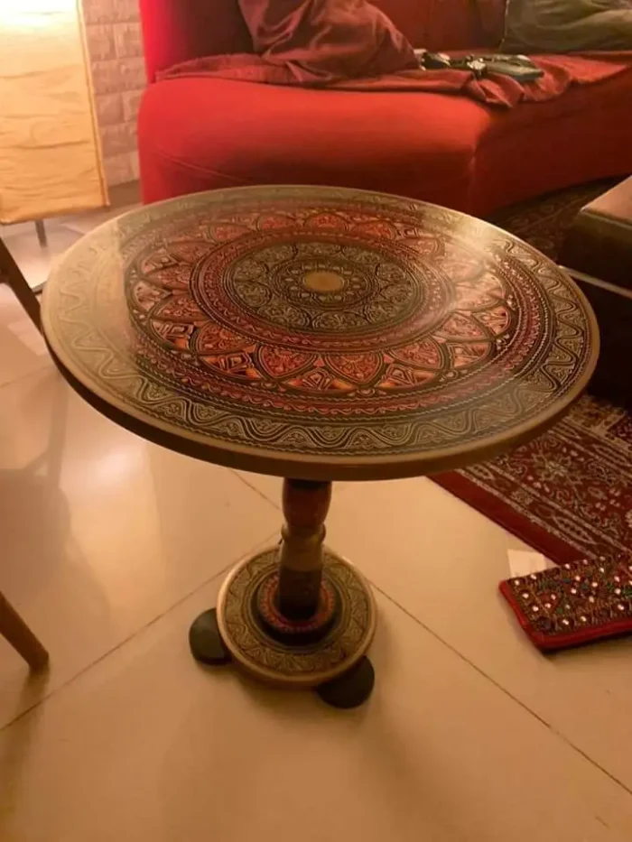 Artisan Handpainted Round Coffee Table – Pure Sheesham Wood | Handcrafted Nakshi Art | Multipurpose Vintage Design
