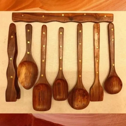 7-Piece Handmade Wooden Utensils Set with Brass Work – Cooking Spoons & Tong with Wall Hanging Stand