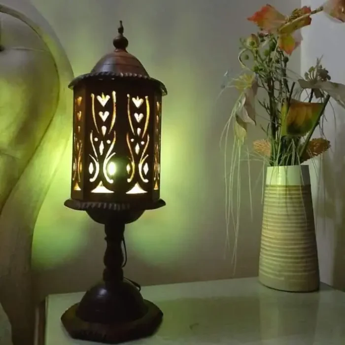 Handcrafted Wooden Side Table Lamp – Elegant Cutwork Design with Warm Ambient Glow
