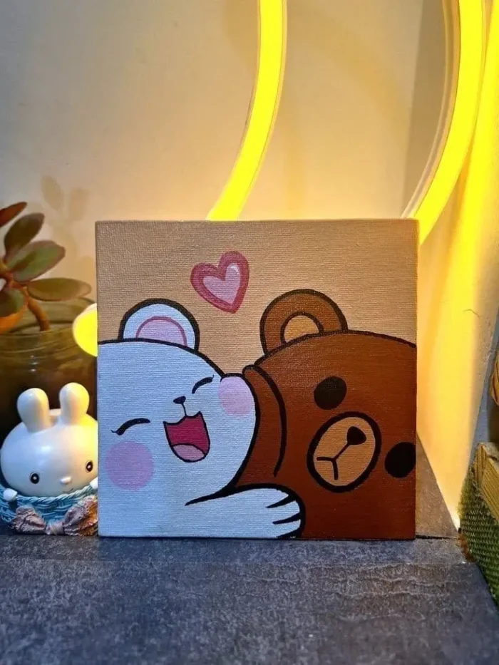 Cute Bunny & Bear Hug – Hand-Painted Acrylic Canvas (8x8 Inches)