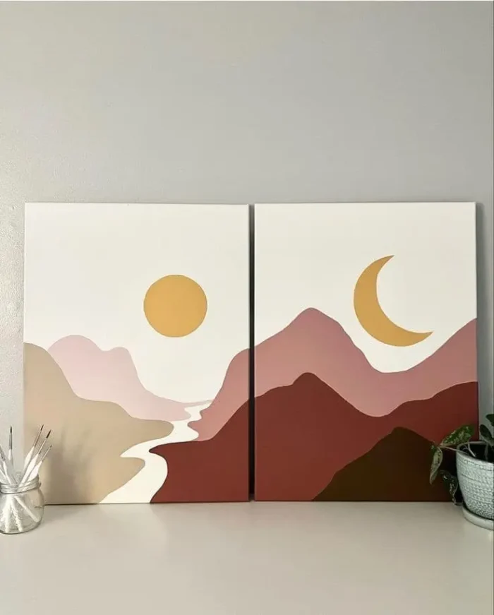 "Mountain Waves" – Set of 2 Acrylic Paintings | 18x24 Inches Each | Sun & Moon Minimalist Art