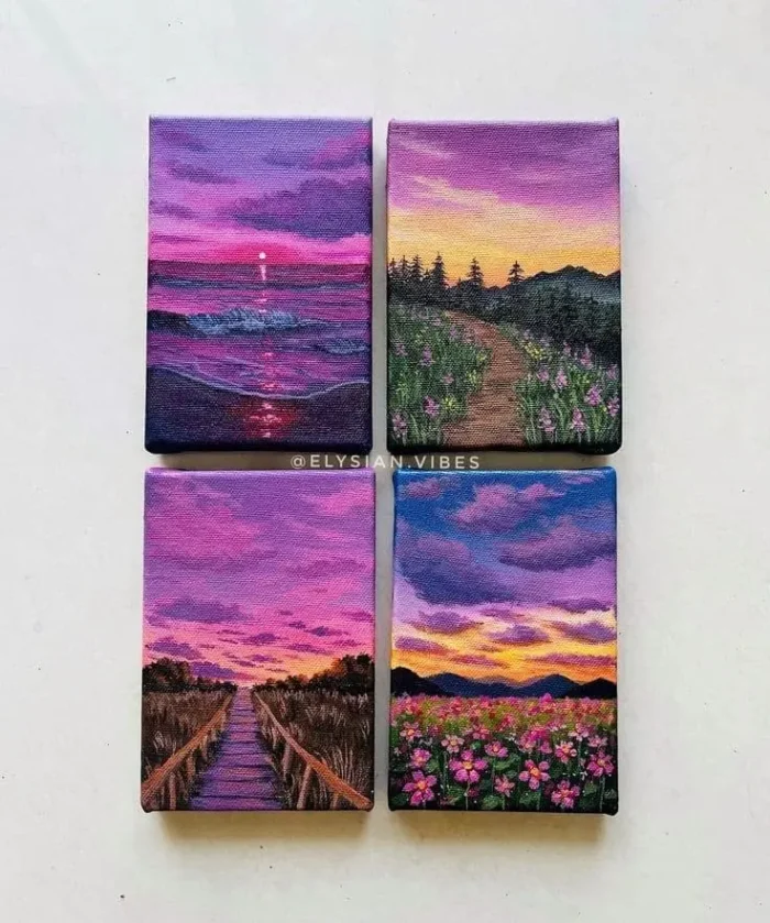 “Elysian Vibes” – Set of 4 A4 Hand-Painted Nature Landscapes | Sunset, Ocean, Flowers & Forest Path | Acrylic on Canvas