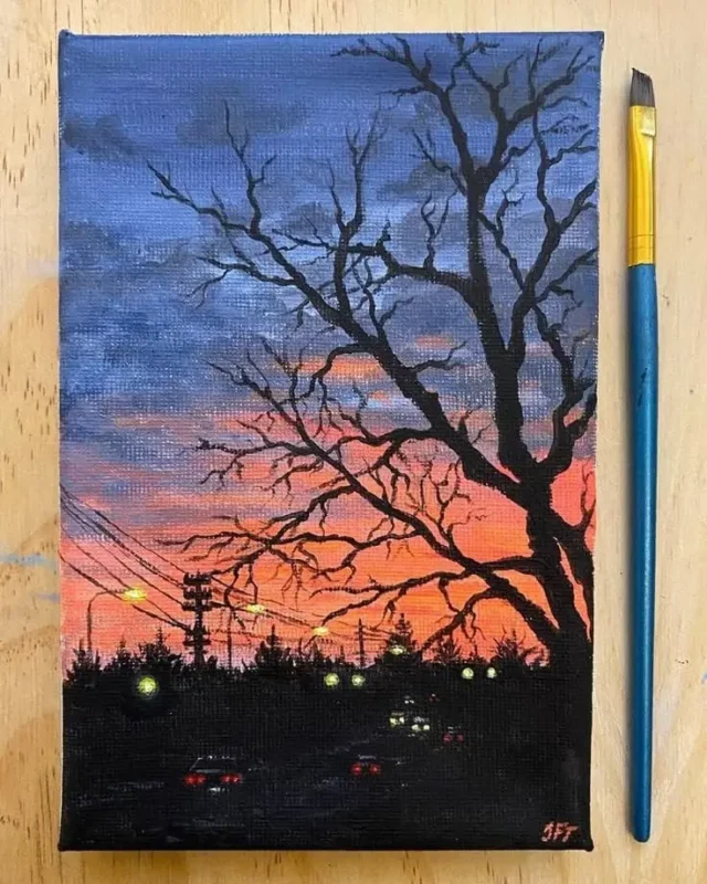 Evening Art, Sunset Painting, Urban Landscape, Tree Silhouette, Dusk Canvas, Acrylic Art, Wall Decor, Moody Sky Art, Hand-Painted Canvas, Nightfall Scene