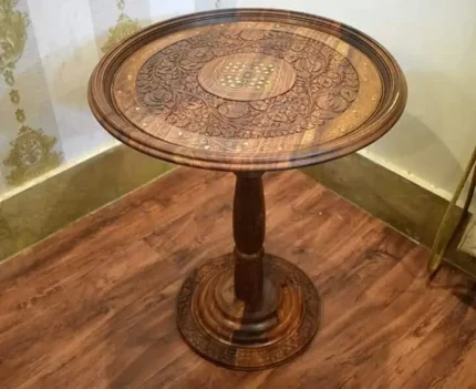 Hand-Carved Round Wooden Accent Table | Traditional Mughal Design | Solid Sheesham Wood