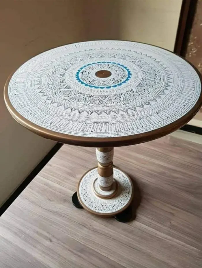Artisan Handpainted Round Coffee Table – Pure Sheesham Wood | Handcrafted Nakshi Art | Multipurpose Vintage Design