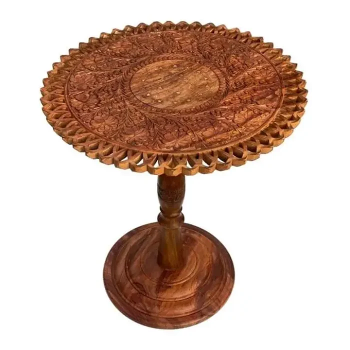Hand-Carved Round Wooden Accent Table | Traditional Mughal Design | Solid Sheesham Wood