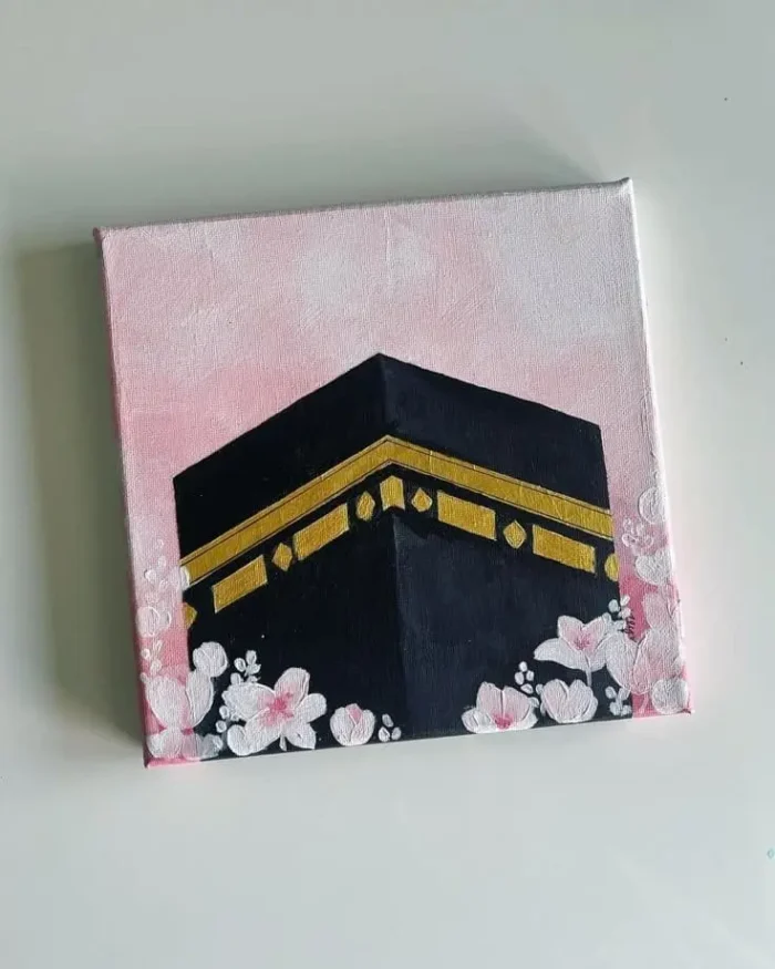 “Mosque Reflection” – Hand-Painted Kaaba Canvas Wall Art | Acrylic Painting