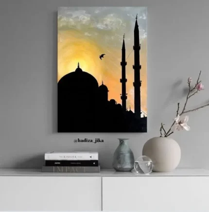 “Sunset Serenity” – Hand-Painted Mosque Silhouette Canvas | Islamic Wall Art | 18x24 Inches