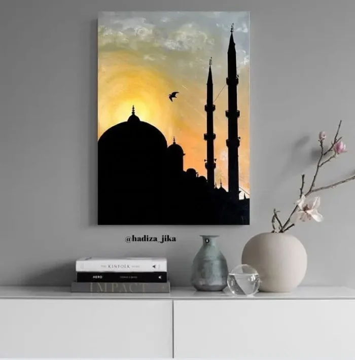 “Sunset Serenity” – Hand-Painted Mosque Silhouette Canvas | Islamic Wall Art | 18x24 Inches