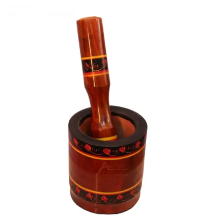 Hand-Painted Wooden Mortar and Pestle (Chatu Watta) | Traditional Dori Danda Design | Natural Wood Spice Grinder